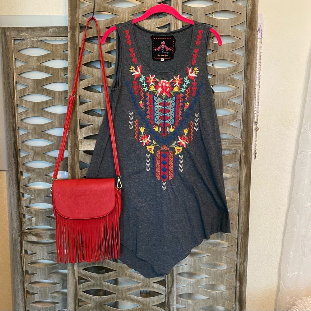 Johnny Was Gray Asymmetrical Embellished Tank Top